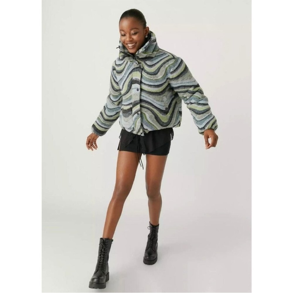 BDG Isla Wool Puffer Jacket Urban Outfitters Standup Collar Green Blue Women's S